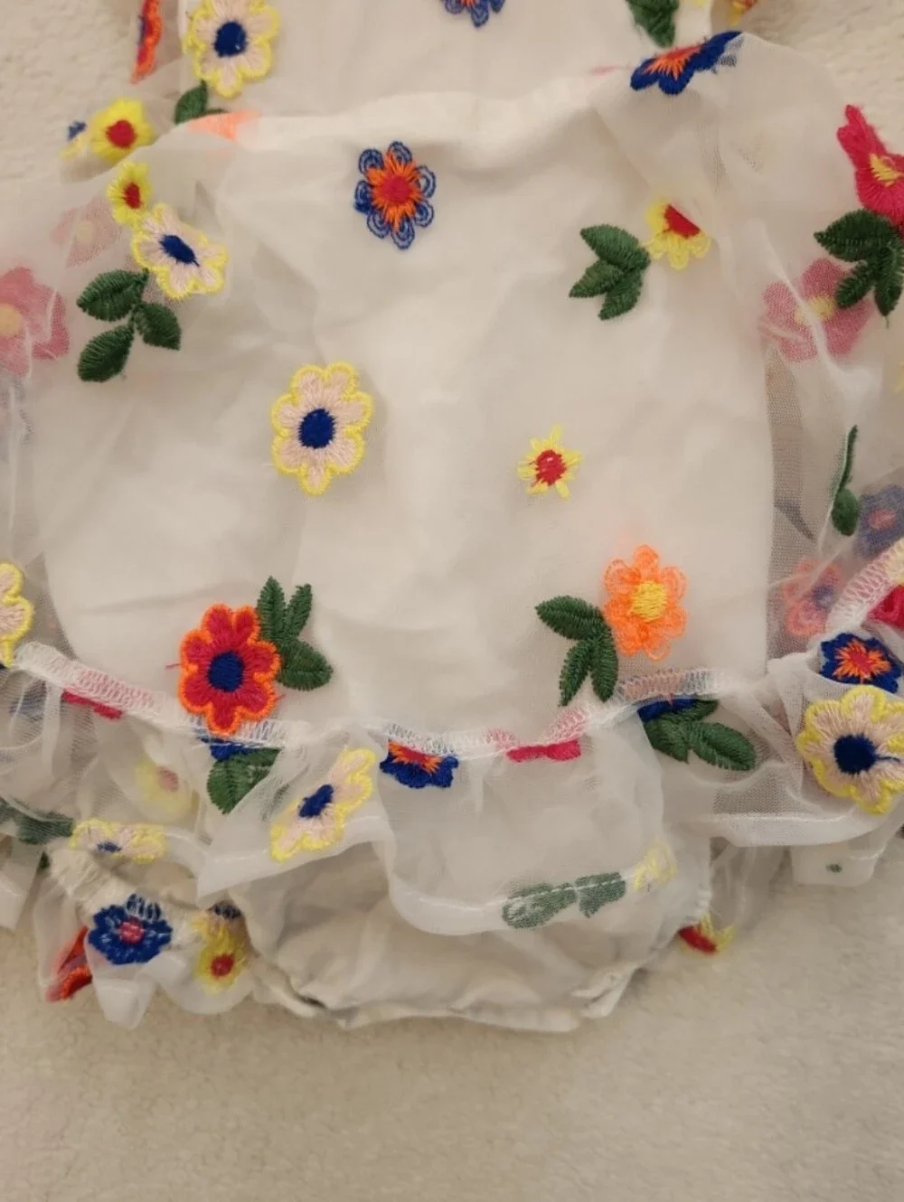 Numi 2t Bright Retro Floral Embroidered White Ruffle Romper